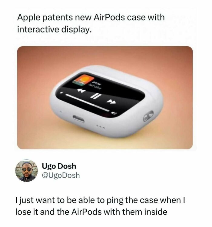 AirPods case with interactive display shown in a random and chaotic meme about Apple product features.
