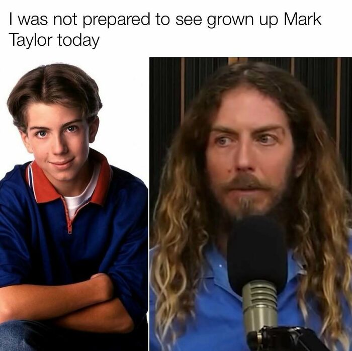 Side by side images of a young and grown man, a meme evoking nostalgia for Tamagotchis and VHS tapes.