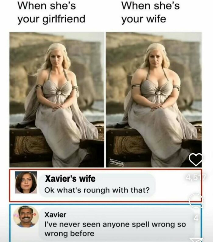 Comparison meme showing a woman labeled girlfriend versus wife with humorous text comments below, chaotic meme style.