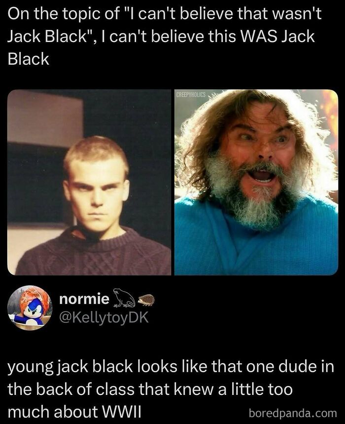 Side-by-side images of young and older Jack Black with a humorous caption for cinephiles who enjoy movie-related memes.