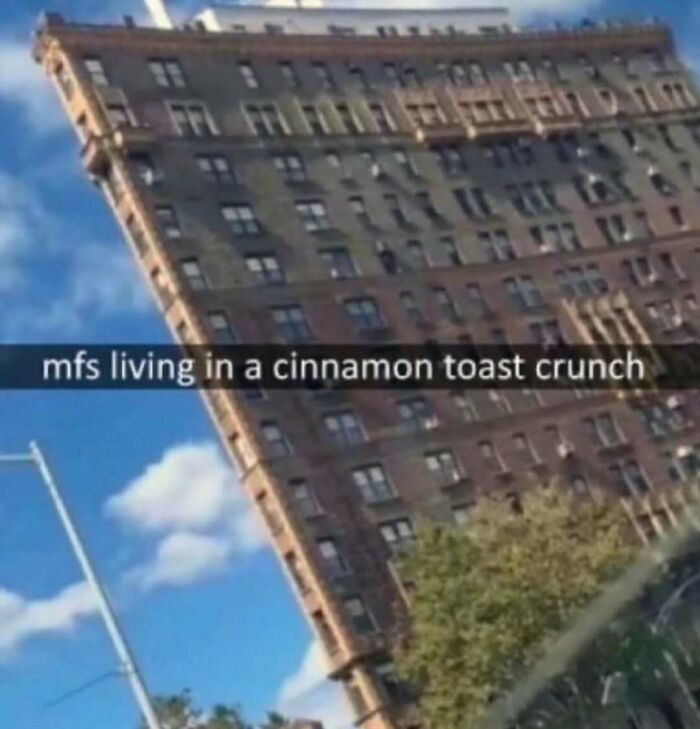A building shaped like a slice of Cinnamon Toast Crunch cereal, illustrating a surreal and nonsensical scene.