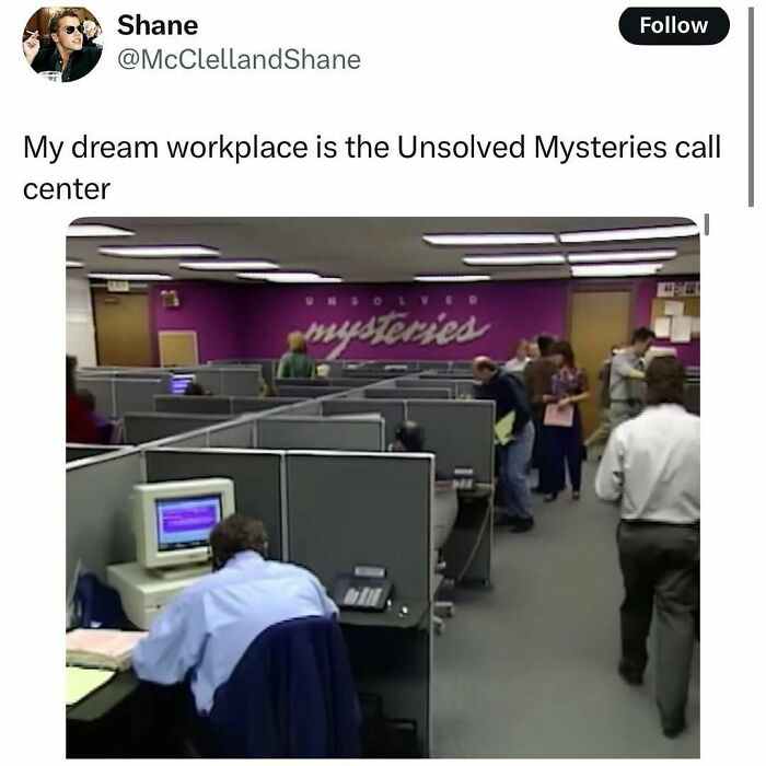 Office cubicles with vintage computers and employees at the Unsolved Mysteries call center, nostalgic 90s meme scene.