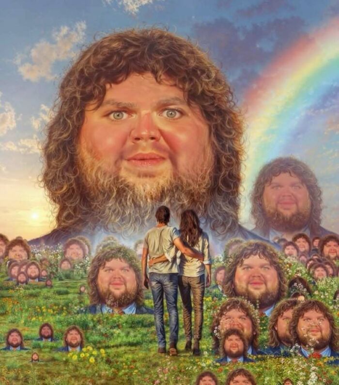 Couple standing in a field surrounded by surreal giant heads and smaller faces in a weird nerdy meme style.