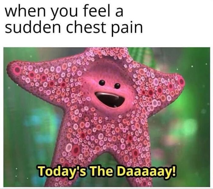 Animated pink starfish character from a movie meme humorously expressing sudden chest pain for cinephiles to appreciate.