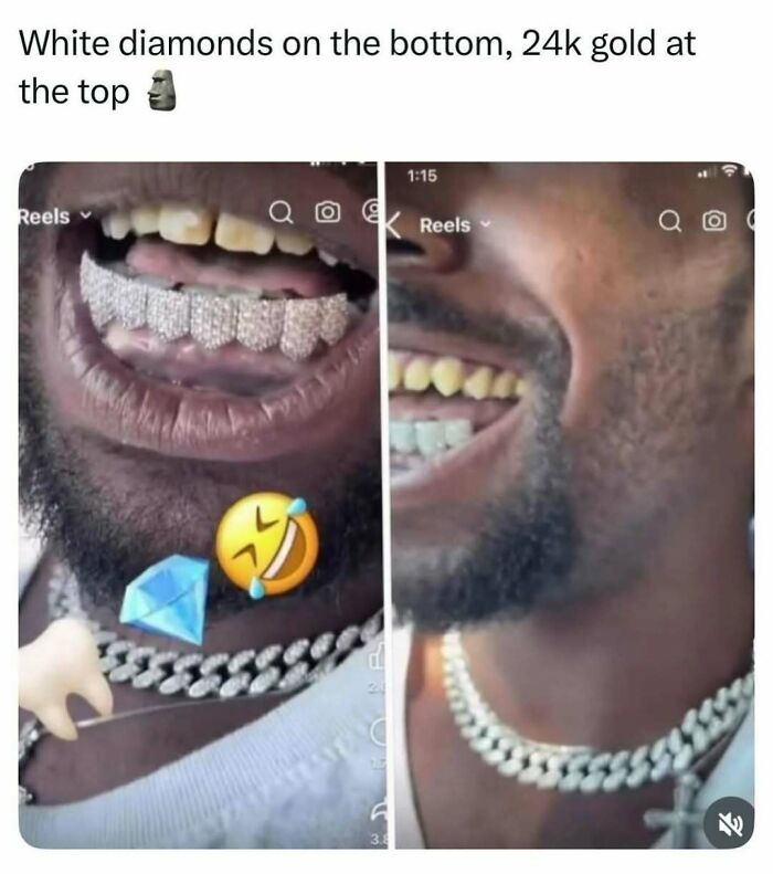 Close-up of a man showing chaotic teeth grill with white diamonds and 24k gold in a funny random meme.