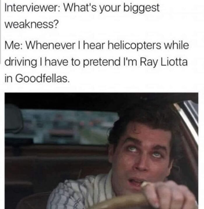 Meme showing a humorous cinephile moment referencing Goodfellas and pretending to be Ray Liotta while driving.