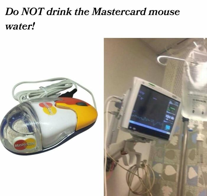 Vintage Mastercard computer mouse shaped like a toy, paired with a hospital monitor in a humorous meme.