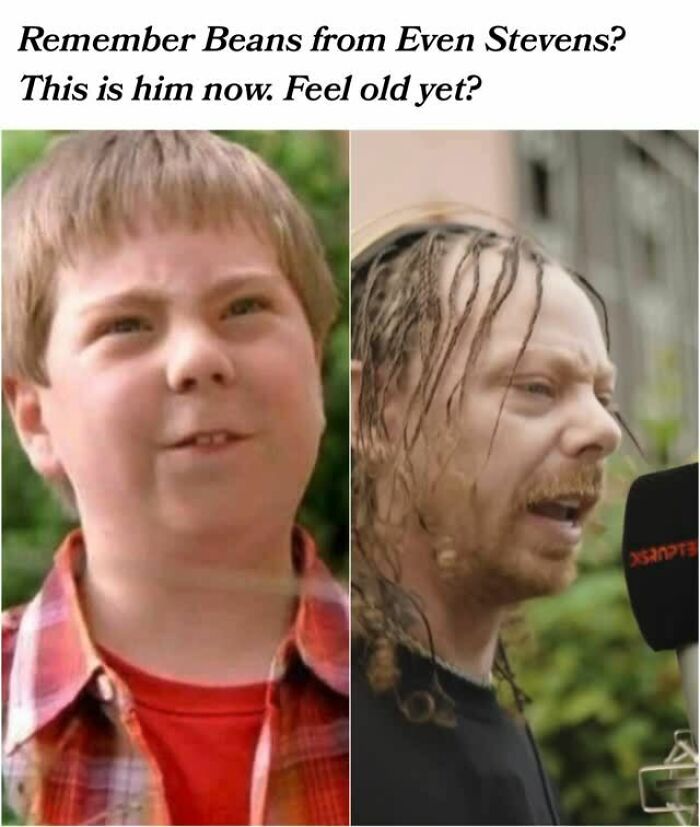 Side-by-side meme showing a young boy and the same person grown up, evoking nostalgia for Tamagotchis and VHS tapes.