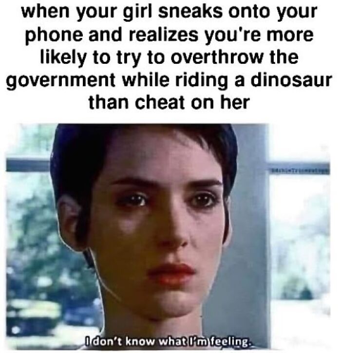 Woman with short dark hair looking confused with caption about loyalty over cheating, a hilarious meme cinephiles might appreciate.