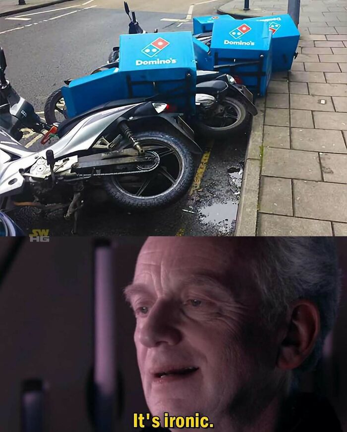 Meme showing fallen Domino’s delivery bikes and a smiling man captioned It’s ironic, for cinephiles humor.