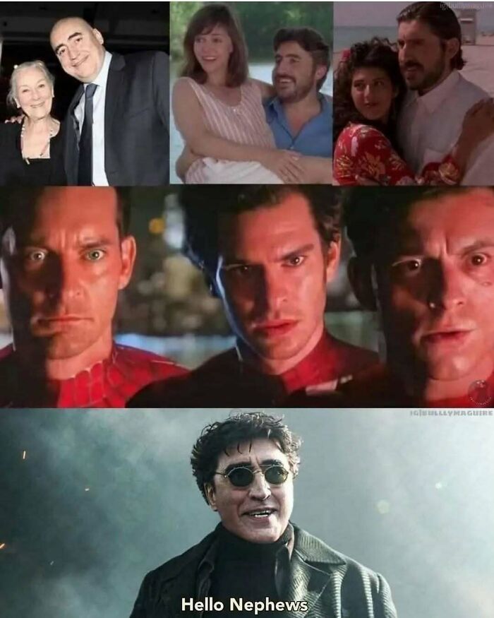 Collage of famous movie scenes and actors with a humorous caption, perfect for cinephiles enjoying hilarious memes.