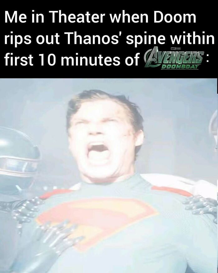 Man in superhero costume screaming while held by robotic hands, a meme related to hilarious cinephiles memes.