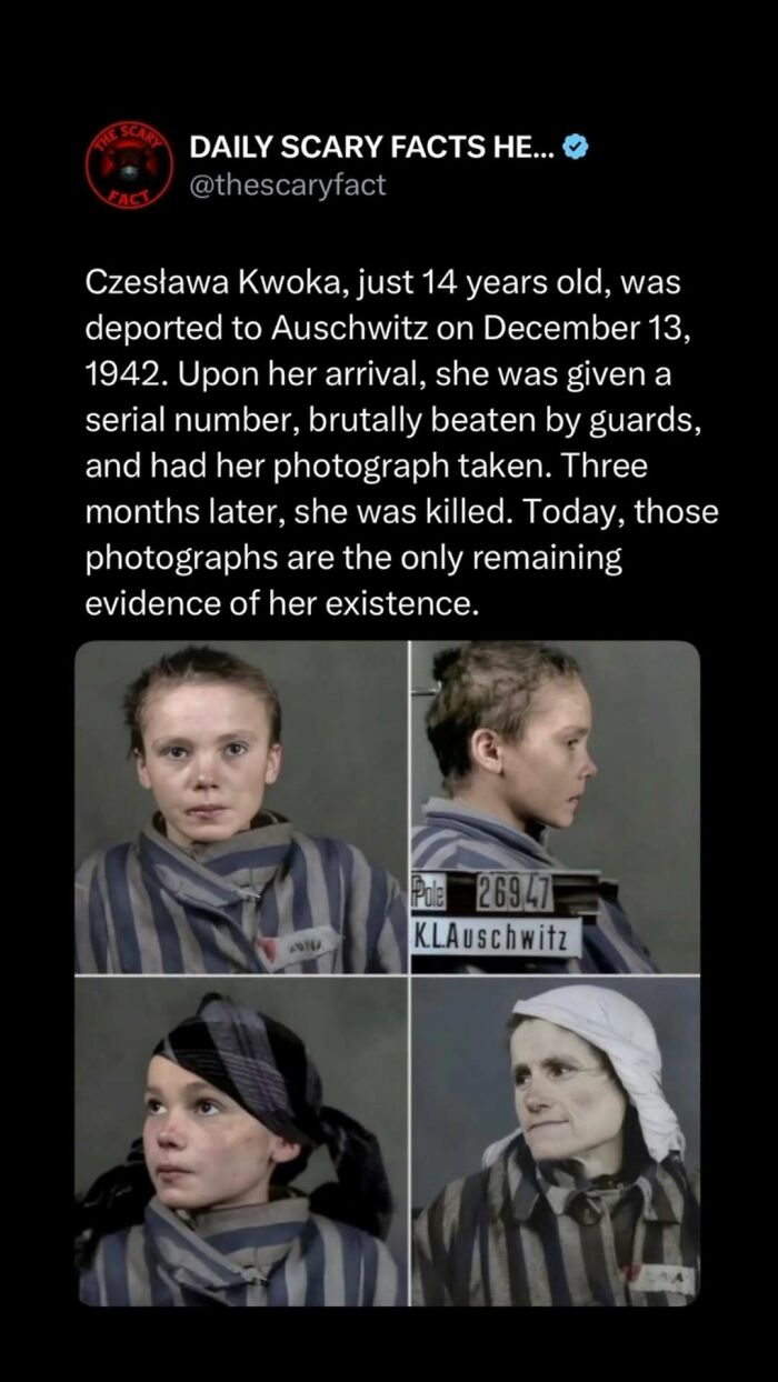 Photos showing Czesława Kwoka, a young Auschwitz prisoner, illustrating a scary fact about H*******t victims.