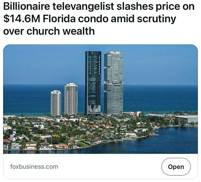 Billionaire televangelist cuts price on luxury Florida condo amid church wealth scrutiny in true satire headlines.