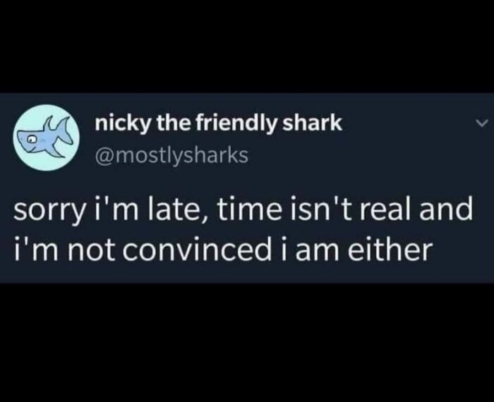 Screenshot of a meme about casual nihilism stating time isn't real and self-existence is uncertain.