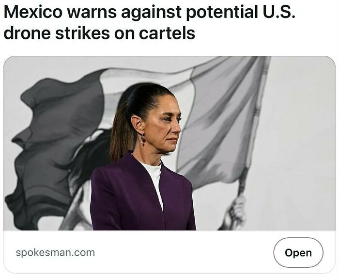 Woman in a purple blazer stands in front of a grayscale Mexican flag with satirical headlines about drone strike warnings.