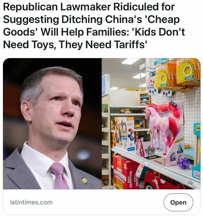 Republican lawmaker critiqued for comments on tariffs and cheap goods in a toy store, reflecting satire-like headlines.