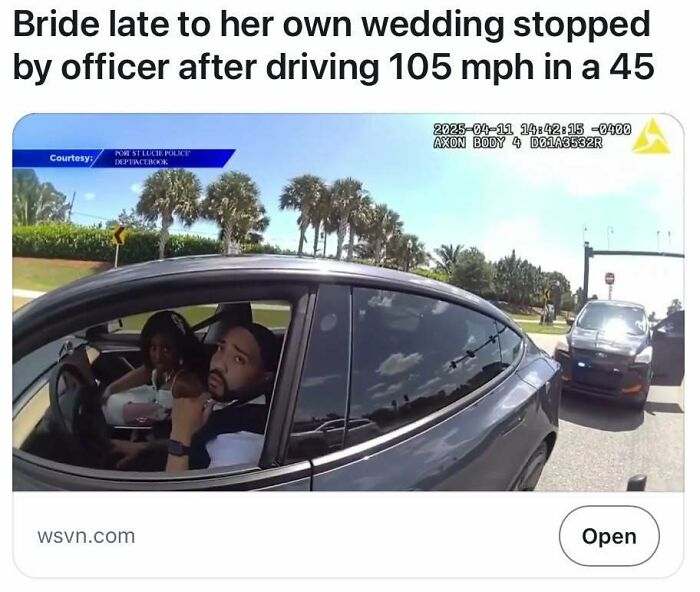 Couple in car pulled over by police officer after speeding 105 mph, highlighting shocking headlines that could pass for satire.
