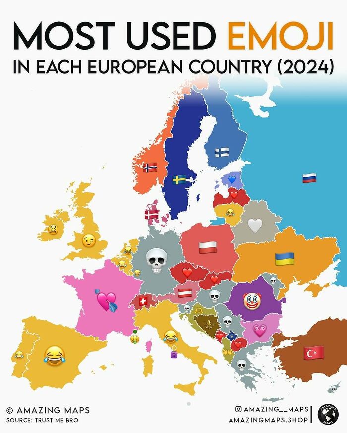 Map of Europe showing the most used emoji in each country in 2024 from amazing maps collection.
