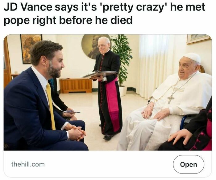 Man in suit meeting pope in formal room, illustrating headlines that could pass for satire but are unfortunately true.