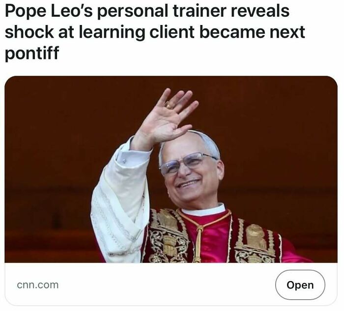 Man in papal robes and glasses waving, satirical headline about shock at client becoming next pontiff.
