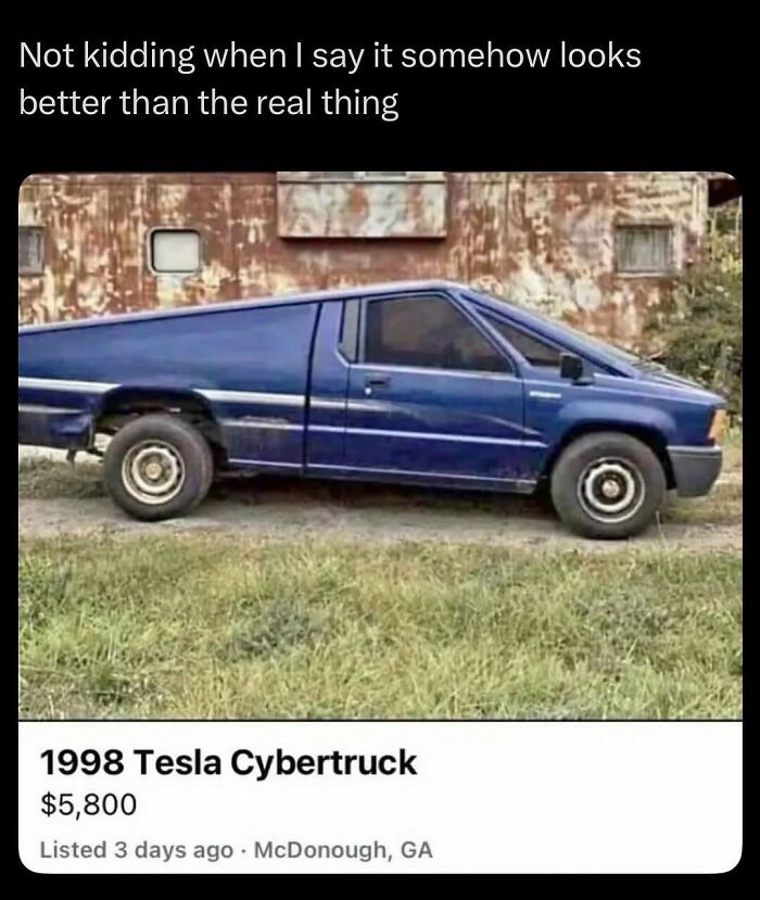 Retro blue car humorously labeled as 1998 Tesla Cybertruck in a chaotic meme from a random funny meme collection.