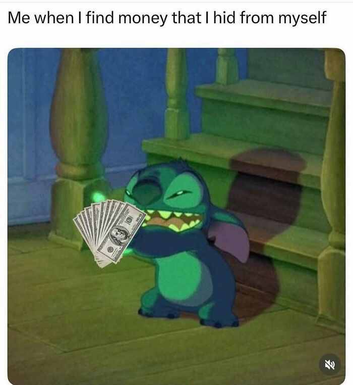Cartoon character Stitch holding money with a mischievous grin, funny memes reminding not to take life too seriously.