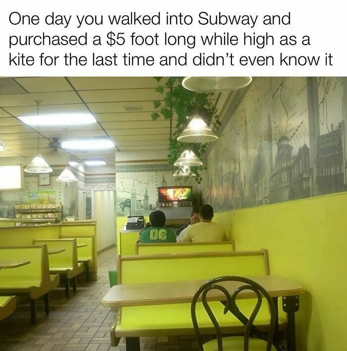 Meme about nostalgic moments of buying a $5 footlong at Subway, evoking memories for Tamagotchi and VHS fans.