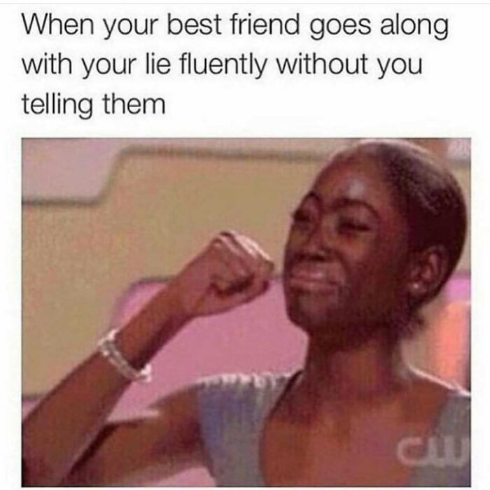 Woman with a tearful proud expression, fist raised, illustrating funny memes about friendship and not taking life too seriously.