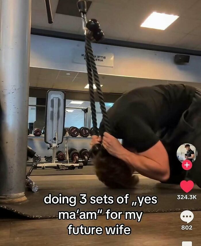 Man exercising with rope curls in gym, humorously captioned as part of nerdy and weird memes collection.