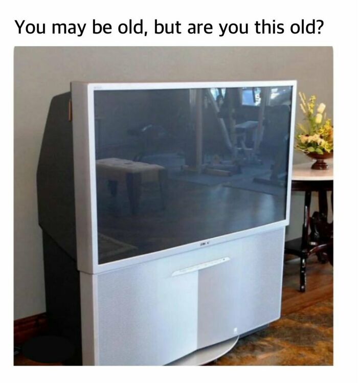 Old bulky television set in a living room setting, featured in random and chaotic memes that are unexpectedly funny.