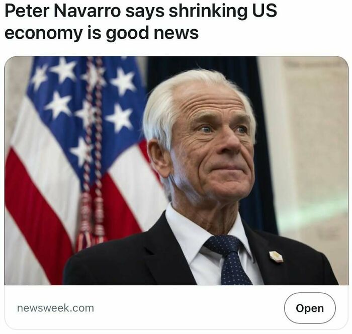 Peter Navarro speaking about shrinking US economy, with American flag in background, satire headlines illustration.