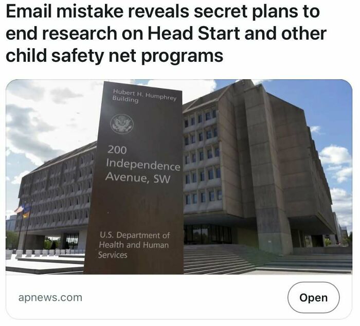 U.S. Department of Health and Human Services building with headline about ending research on child safety net programs.