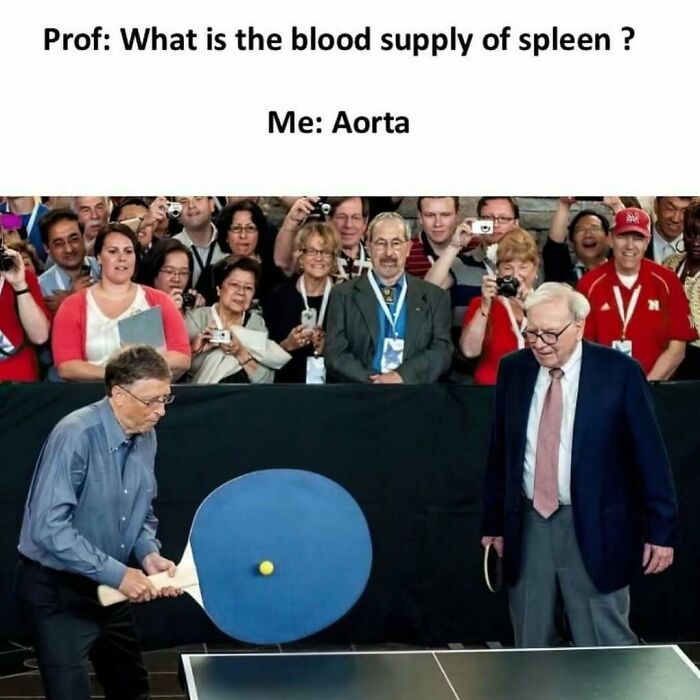 Two elderly men playing ping pong with a humorous medical meme about blood supply, related to medical memes and healthcare.