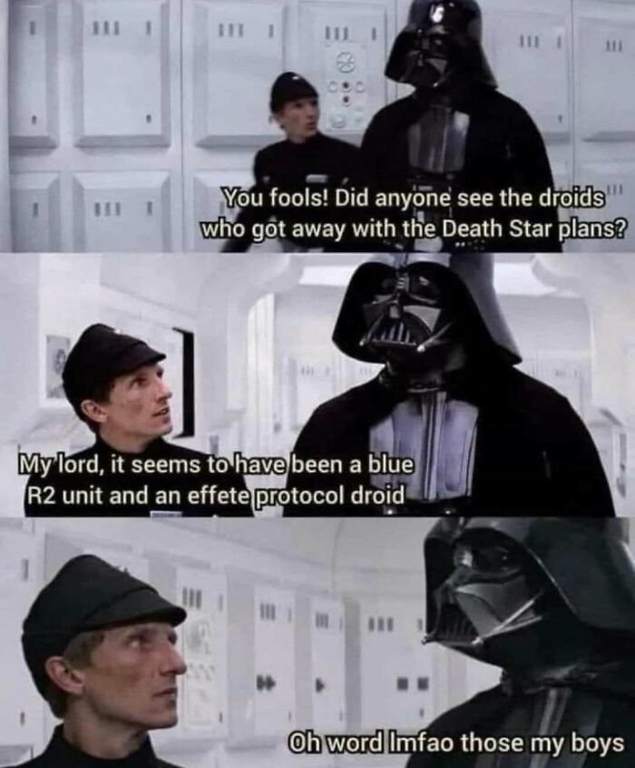 Star Wars meme with Darth Vader and officer discussing droids and Death Star plans, a funny moment for cinephiles.