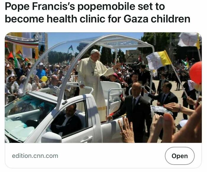 Pope Francis in popemobile amid crowd, highlighting headlines that could pass for satire but are true news stories.