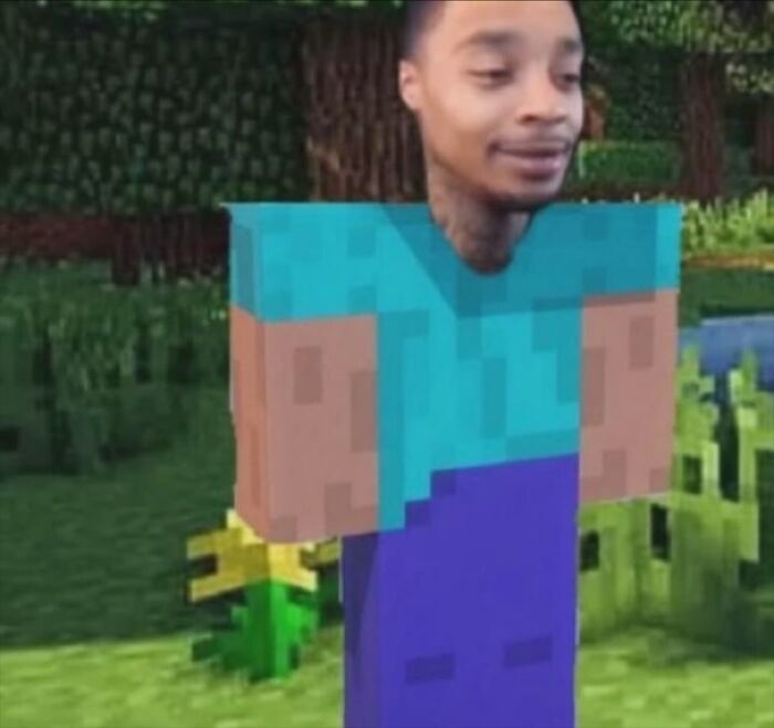 A man’s face edited onto a Minecraft character body in a pixelated game setting, showing nerdy memes humor.