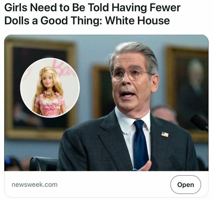 Man in suit speaking at a podium with inset image of a Barbie doll discussing satire headlines about dolls.