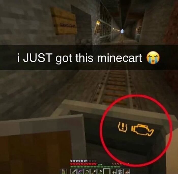 Minecraft gameplay showing a minecart with car dashboard warning lights circled, creating a confusing yet captivating image.