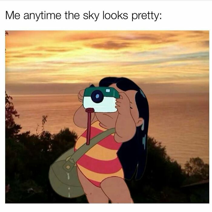 Animated character taking a photo of a sunset, illustrating funny memes that remind you not to take life too seriously.