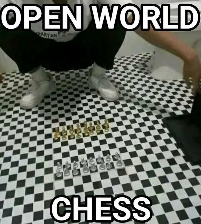 Person squatting on a black and white checkered floor with small gold and silver chess pieces, nerdy and weird memes.