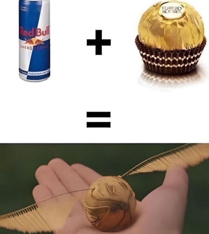 Red Bull can plus Ferrero Rocher chocolate equals golden snitch from Harry Potter, a strange and amusing visual puzzle.