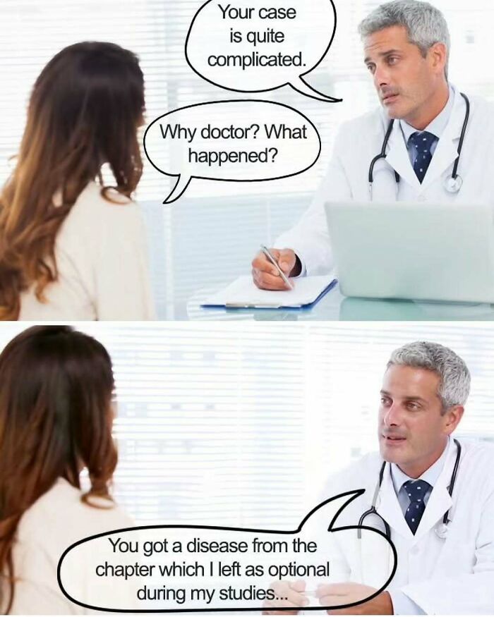 Patient talking to doctor in clinic with a humorous medical meme about complicated healthcare cases and optional studies.
