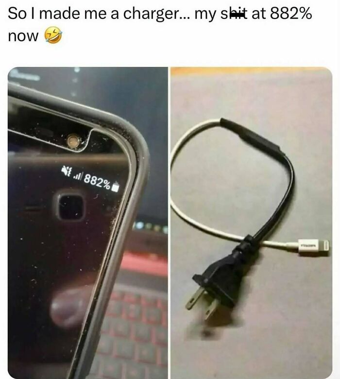 Phone screen showing a battery charge of 882% next to a handmade charger with a power plug and charging cable chaotic meme.