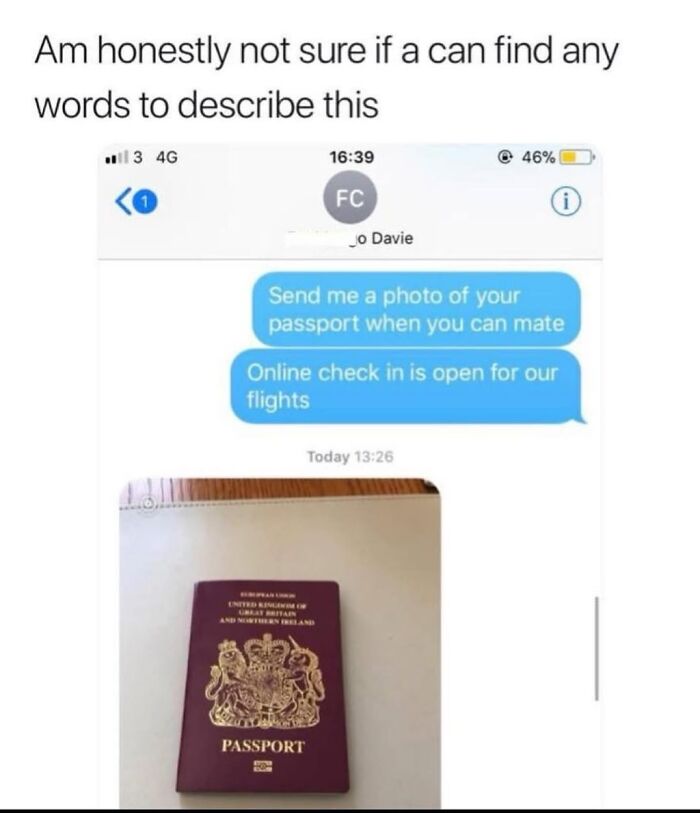 Text message conversation showing a UK passport photo and humorous text about travel, reflecting life in the UK memes.