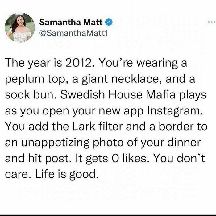 Tweet humor about 2012 fashion and Instagram habits, capturing memes relatable to people around 30 years old.