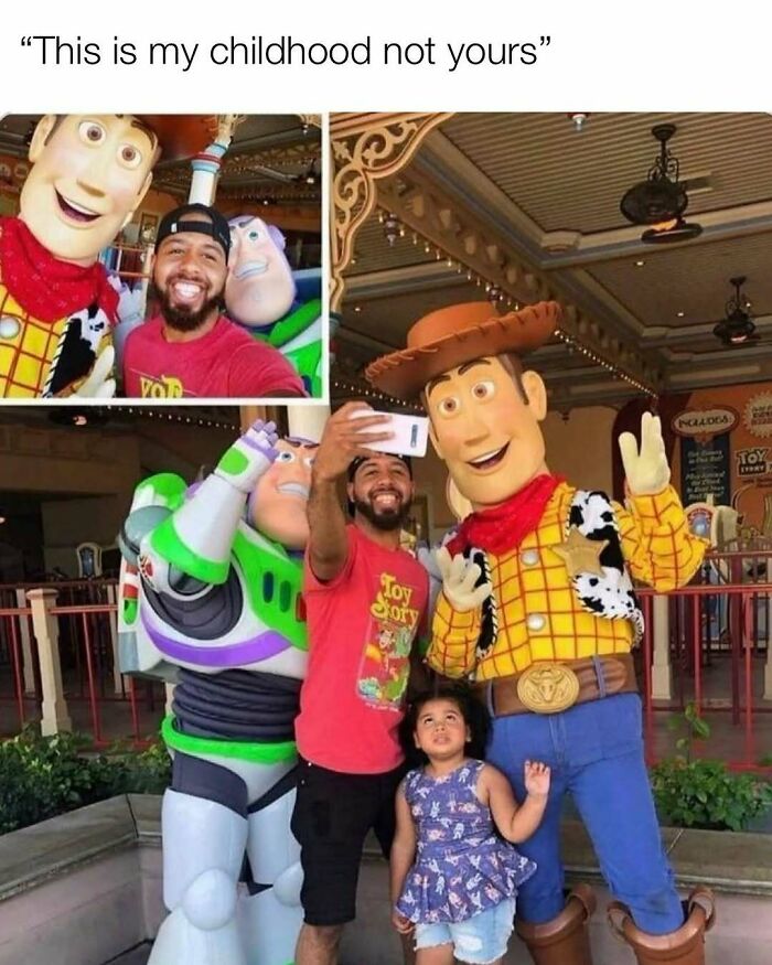 Man and child taking selfies with Toy Story characters Woody and Buzz, nostalgic meme for Tamagotchis and VHS childhood.