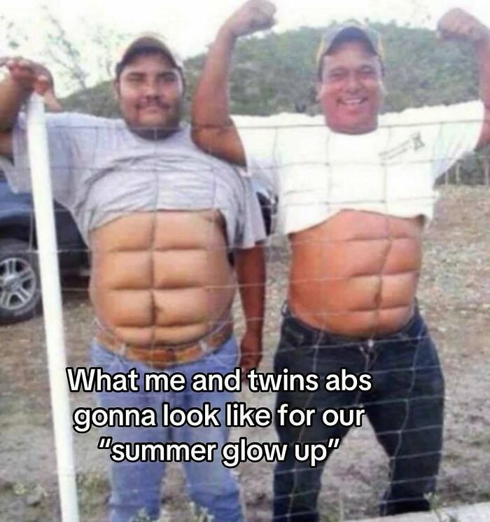 Two men flexing torsos through a net, humorously showing abs, part of random and chaotic memes collection.
