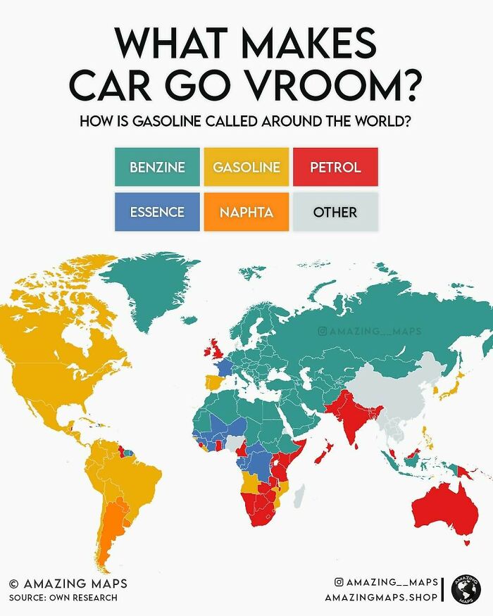 Map showing how gasoline is called around the world with color-coded regions in an amazing maps illustration.