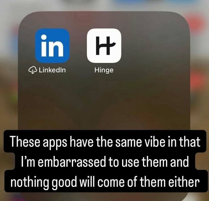 Screenshot showing LinkedIn and Hinge app icons with a humorous caption about embarrassment, fitting nerdy memes theme.